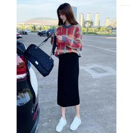 Work Dresses Woman Knitted Two Pieces Set Female Plaid Pullovers Sweater Tops And High Waits Skirts Bodycon Office Ladies Suits G210