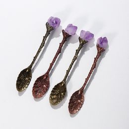 200st Natural Amethyst Cluster Copper Spoon Carving Teskoon Energy Crystal Tooth Flower Gem Sweetmeats Spoon Dekorera gåva