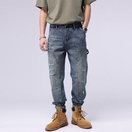 Men's Jeans Mcikkny Men Ripped Workwear Cargo Jean Pants Multi Pockets Straight Casual Denim Trousers Loose Fit