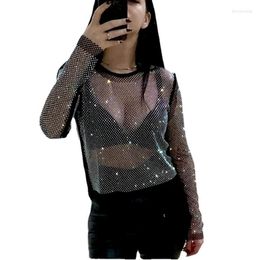 Women's T Shirts Disco Dancing Women Bling Rhinestones Pullovers Sexy Lady Grid Gemstones Tops