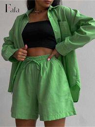 Women's Tracksuits Casual Loungewear Matching Set 2022 Summer Cotton Women Tracksuit Long Sleeve Oversized Shirt Tops And Mini Shorts Two Piece Set L230309