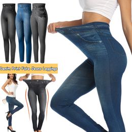 Women's Leggings Push Up Seamless High Waist Faux Denim Leggings Women Casual Elastic Pocket Jeans Print Pants Skinny Pencil Leggins Mujer 230309