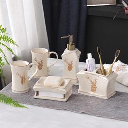 Bath Accessory Set 5pcs Ceramic Bathroom European Style Self Cleaning Soap Dispenser Toothbrush Holder Dish Cup