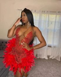 Sexy Red Sheer O Neck Short Prom Dress For Black Girls Beaded Birthday Party Dresses Feathers Mini Tail Homecoming Robe