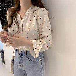 Women's Blouses Shirts Spring Women Chiffon Shirt Korean Fashion Long Sleeve White Shirts Women Streetwear Office Blouse Elegant Lady Heart Print Tops 230309