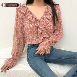 Women's Blouses Shirts Ruffled Chic Cute Tops Flare Sleeve V Neck Floral Print Cute Sweet Date Korean Style Shirt Blouse 230309