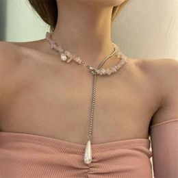 Chains Tide Peach Blossom Pink Stone Necklace Water Drop Pearl Pendant Irregular Tourmaline Tassel Choker For Women