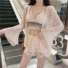 Women's Tracksuits 3pcs Set Women Crochet Shorts With Camis Summer Holiday Beach Sets 3 Piece Seaside Matching