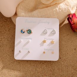 Stud Earrings 6Pcs/Set Fashion Silver Colour Feathers Heart Rhinestone For Women Girls Trendy Star Moon Geometric Eaing Jewellery