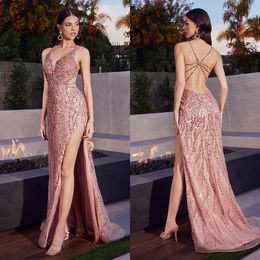 Sexy Mermaid Prom Dresses Spaghetti Sequined Beads Cutaway Sides High Side Split Backless Unique Design Plus Size Custom Made Party Dress Vestido De Noite