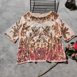 Women's T Shirts Handmake Bead Work Women Embroidery Woman Bling Short Sleeve Sequined Tees Tops