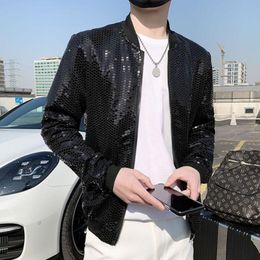 Men's Jackets Spring Sequined Bomber Jacket Men Long Sleeve Glitter Zipper Thin Coat Hip Hop Loose Night Club Stage Streetwear Coats 230309