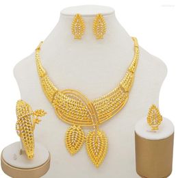 Necklace Earrings Set Dubai Fashion Jewellery Sets Leaf Gold Bracelet Party Women Wedding Crystal Ring Jewelry