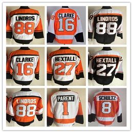 CUSTOM Men Eric Lindros Vintage Hockey Jerseys 16 Bobby Clarke 27 Ron Hextall 1 Bernie Parent 8 Dave Schultz Stitched Retro Uniforms Black O