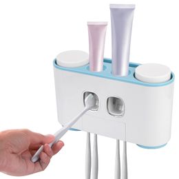 Toothbrush Holders Wall Mounted Holder Automatic Toothpaste Dispenser Water Cup Storage Rack Bathroom Accessories Squeezers 230308