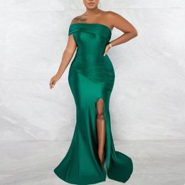 Casual Dresses Elegant Sexy Women Maxi Dress Solid Color Slash Neck Off Shoulder Ruched Bodycon High Slit Party