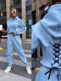 Women's Tracksuits Warm Cropped Bandage Hooded Sweater Suits Women Fashion Chic Hoodies 2022 Autumn Female Streetwear Sports Outfit L230309