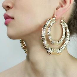 Hoop Earrings 80MM Large Bamboo Gold Color Double Circle Metal Statement Big Earring Women Fashion Jewelry Girl Brincos UKMOC