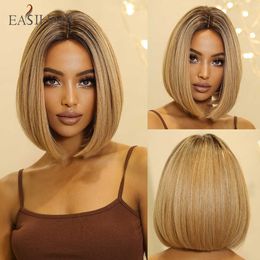 Synthetic Wigs Easuhair Blonde Ombre Short Straight Synthetic Hair Wigs Natural Bob Middle Part for Women Heat Resistant Daily Cosplay Wig 230227