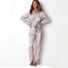 Women's Sleepwear Spring Autumn Women Pajama Set Stripe Silk Ladies Pijamas Suit 2 Pcs with Trousers Nightwear Long Sleeve Sleepwear for Female 230309