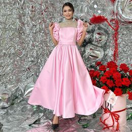 Pink Prom Dresses A Line Draped Half Sleeve Satin Midi Gown for Special Occasion High Neck Arabic Female Maxi Dress
