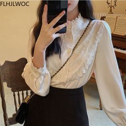Women's Blouses Shirts Button Tops And Blouses Basic Wear Women Preppy Style Sweet Girls Retro Vintage Peter Pan Collar Single Breasted Lace Shirt 230309