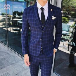 Men's Suits 20120 Men's Plaid Wedding Dress Suit Three Pieces Fashion Boutique Male Formal Business Casual (Jacket Vest Pants)