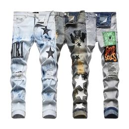 Designer maschi jeans pantaloni strati di marca stradina pantalones vaqueros para hombre moto ricamo a lungo hip hop alla moda con buco blu abbigliamento