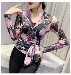 Women's T Shirts Full Sleeve V Neck Mesh Wrap Tops Women Sexy Short T-shirts Slim Boby Floral