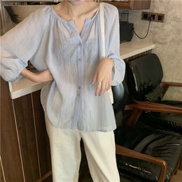 Women's Blouses Shirts Women Summer Loose V Neck Translucent Rayon Blouse Raglan Sleeve Single Breasted Sunproof Shirt Three Quarter Sleeve Top 230309