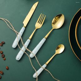 Dinnerware Sets Ceramic Handle 24Pcs Cutlery Set Stainless Steel Golden Forks Spoons Knives Flatware