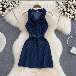 Casual Dresses Korean Sexy Waist Close Sleeveless Denim Mini Dress With Belt V-neck Plaid Trendy Girl Jeans