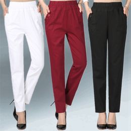 Women's Pants Capris White Women's Trousers 5XL Spring Summer Autumn Female Stretch Waist Cotton Straight pants Middle aged lady Solid Casual Pants 230309