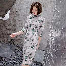 Ethnic Clothing 2023 Summer Women Qipao Print Social Etiquette Lady Dress Female Catwalk Vintage Button Chinese Traditional Cheongsam