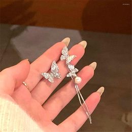 Hoop Earrings 2023 Fashion Asymmetrical Zircon Set Butterfly Pearl Tassel Silver Needle Delicate Fairy Elegant Jewelry