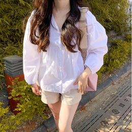 Women's Blouses Shirts Autumn Arrvial Korea Chic Tops Puff Sleeve Cute Sweet Casual Loose Single Breasted Button Women Blouse White Shirts 230309