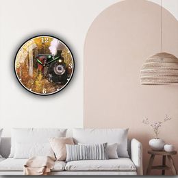 Wall Clocks Season Train Track In Golden Forest Acrylic Clock Art Locomotive Home Decor Steam Engine Vintage Crafts Wacth