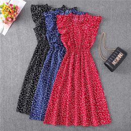 Casual Dresses Ladies Summer 2021 Polka Dot Printed Chiffon Elegant Knee Ruffled Sleeveless Red Mid-Length Fashion Y2302