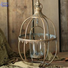 Candle Holders Retro Golden Wind Lantern Wedding Decoration Floral Po Studio Display Props Iron Glass Holder