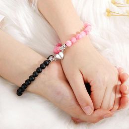 Charm Bracelets 2pcs / Set Magnet Bracelet Couple Retro Matching Volcanic Stone Distance Romantic Jewelry Valentine&#39;s Day Gift