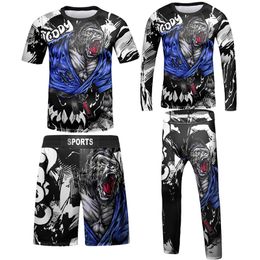 Boxing Robes Mma Kids Rash Guard Bjj T-shirtPant Set Jiu Jitsu Shorts Children Kickboxing Muay Thai Fighting Sportwear Boy Boxing Clothing 230309