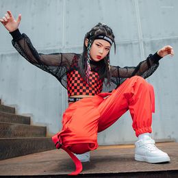 Stage Wear Hip Hop Dance Clothes For Girls Red Lattice Vest Net Tops Cargo Pants Kids Street Hiphop Clothing Jazz Show Outfit