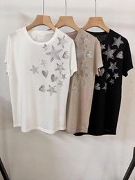 Women's T Shirts Linen Women Knitwear Tshirt Hearted And Star Rhinestone Short Sleeve Casual O-neck Pullover 2023 Spring Summer