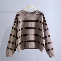 Women's Sweaters Vintage Striped Knitted Women Sweater Pullovers Autumn O-Neck Loose Slim Casual All Match Female Pulls Outwear Tops