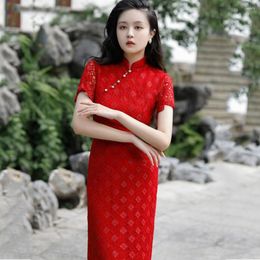 Ethnic Clothing Sexy Red Lace Female Qipao Vintage Classic Traditional Chinese Dress Cheongsam Plus Size Summer Elegant Vestidos Party