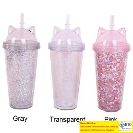 Cat Ear Flashing Double Layer Cup Cute Cartoon Creative Plastic Cups Tumbler Sequin Juice Wine Bottle With Straw Gift Cup 3 Colours