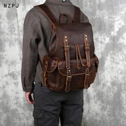 School Bags Retro Leather Men's Backpack Top Layer Cowhide Travel Backpack Large Capacity School Bag Crazy Horse Leather Laptop Bag NZPJ 230309