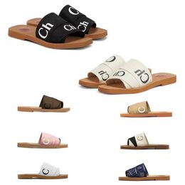 Sommer Damen Designer Luxus Woody Chloee Sandalen für Mules Flache Slides Hellbraun Beige Weiß Schwarz Rosa Spitze Schriftzug Stoff Canvas Hausschuhe Damen Outdoor Schuhe