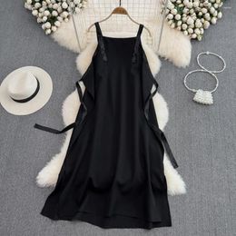 Casual Dresses Hepburn Style Long Black Sing Dress 2023 Summer Streetwear Girls Mid-length Backless Sleeveless Lace Loose Midi Women