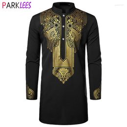 Men's Casual Shirts Luxury Metallic Gold Print African Man Clothing Agbada Kaftan Attire Wedding Shirt Mens Nehru Collar Traditional Dashiki